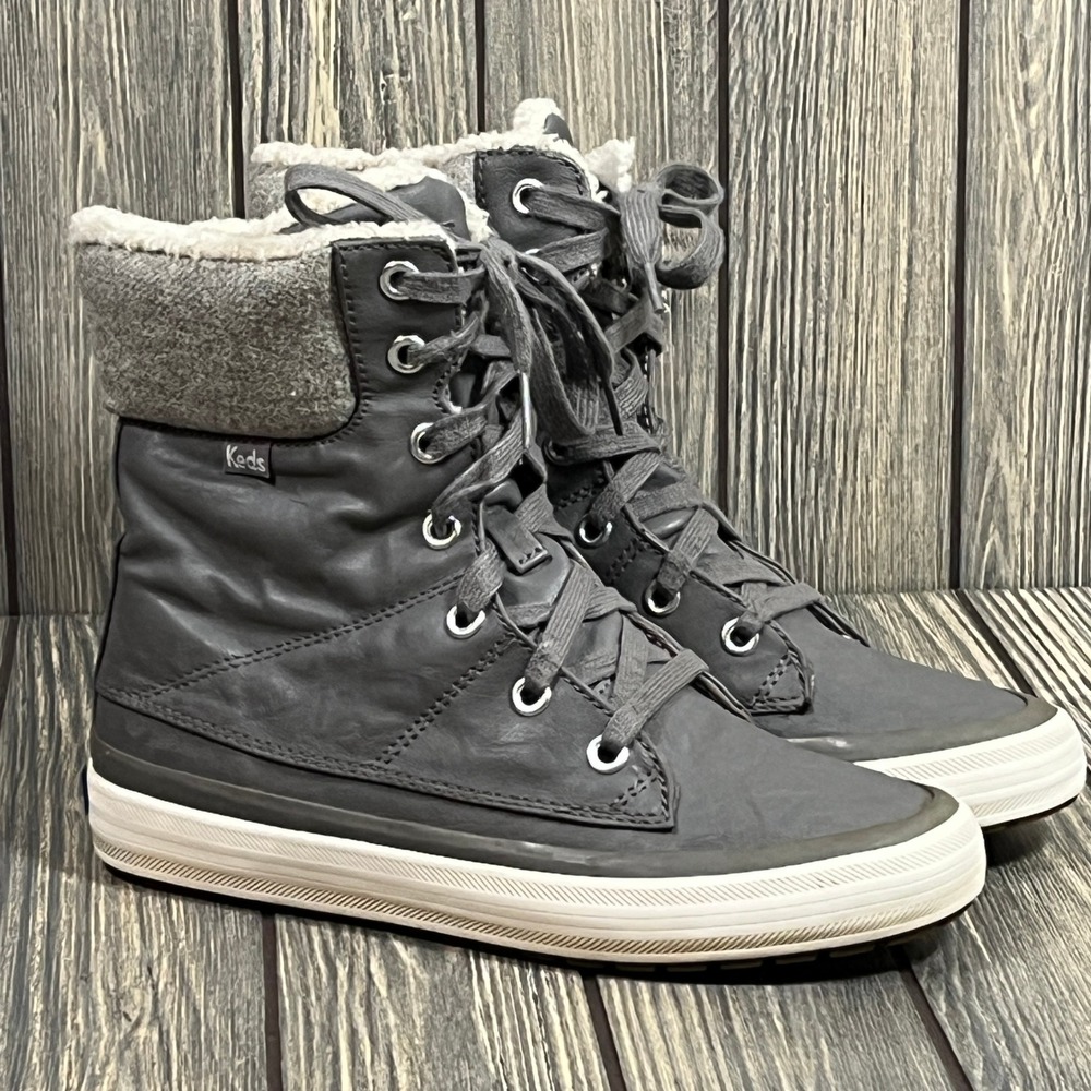 Keds Booties Winter Sneaker Women Sz 6.5 Gray Wool‎ Faux Fur Lined WF55478